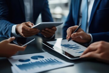 A group of professionals discussing data analysis while reviewing charts and graphs on digital devices, emphasizing collaboration in a business setting.
