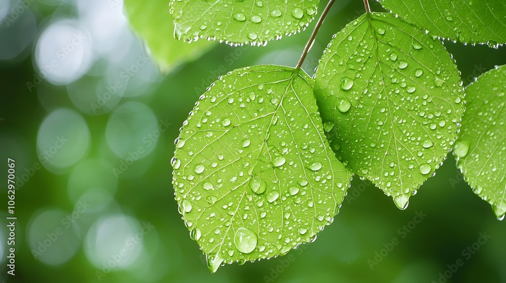 Wall mural close-up of fresh green leaves with water droplets, creating a serene natural ambiance with blurred 