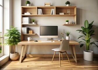 Modern Minimalist Office Studio Render with Empty Monitor, Wooden Desk, and Creative Workspace Design for Mockups