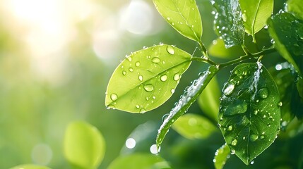 Dewdrops nature texture concept. Fresh green leaves glistening with water droplets under soft sunlight, embodying nature's beauty and vitality.