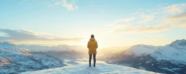 Person in yellow jacket standing on snow-covered mountain at sunset.