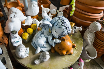 Nonthaburi, Thailand - July, 11, 2024 - Charming Garden Decor Cement Figurines Shop with a Variety of Decorative Statues for Flower Gardens at Nonthaburi, Thailand