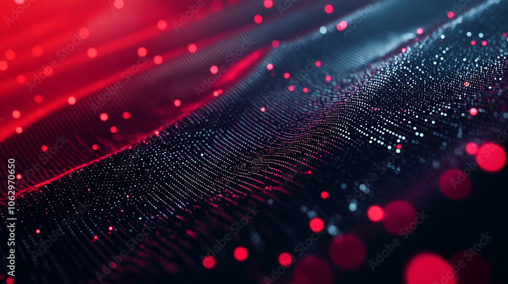Poster vibrant red and black abstract design with illuminated particles creating a dynamic visual effect