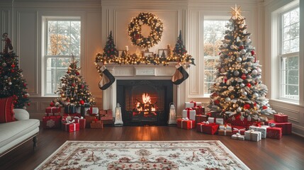 Fototapeta premium A Christmas tree adorned with ornaments and twinkling lights sits beside a traditional fireplace, surrounded by neatly wrapped holiday presents. The combination of the tree sparkle and the fireplace.