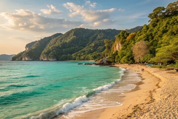 Fototapeta premium Serene Tropical Beach with Vibrant Turquoise Waters Gently Lapping Against Golden Sandy Shoreline