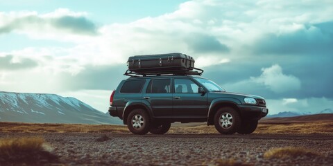 Fototapeta premium Black SUV with a roof rack is parked on a dirt road. The sky is cloudy and the sun is setting