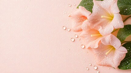 Fototapeta premium Dewdrops nature texture concept. A soft pink background features delicate flowers with droplets, creating a serene natural aesthetic.