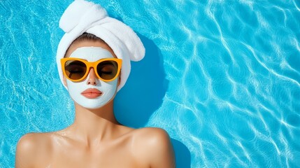 Naklejka premium Woman with a white towel on her head and a white face mask on her face is laying in a pool