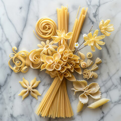 Artistic Arrangement of Various Pasta Shapes and Flowers on Marble Background, Showcasing Culinary Creativity and Italian Cuisine Aesthetics