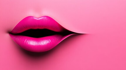 Close up of a woman's lips with a pink background. The lips are painted with a bright pink lipstick