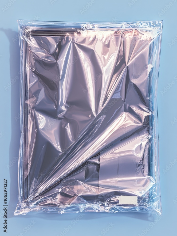 Poster Plastic bag with a cell phone inside. The bag is open and the phone is visible. Concept of mystery and curiosity, as the viewer is left wondering what the phone is and why it is in the bag