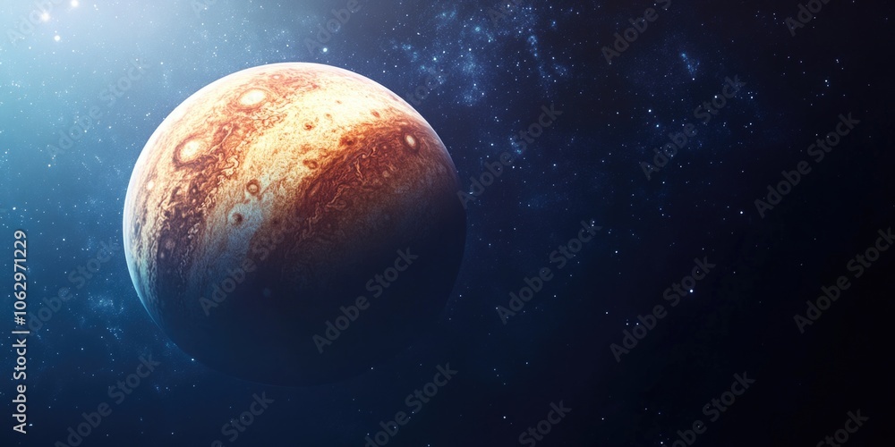 Poster large planet is floating in space with a blue sky background. the planet is surrounded by a lot of s