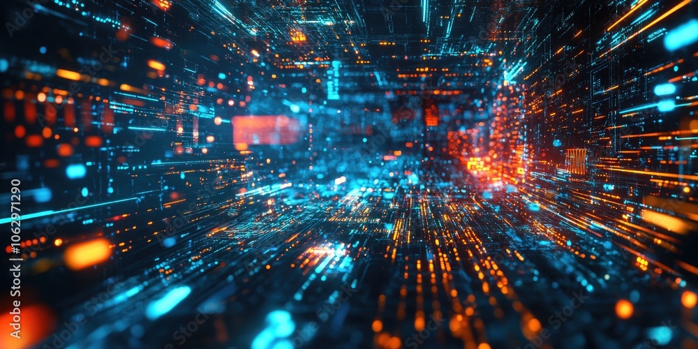 Poster computer generated image of a cityscape with bright blue and orange lights. the image is full of ene