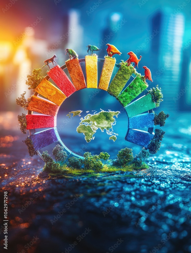 Poster colorful globe with a rainbow of colors and birds on it. the globe is surrounded by a circle of tree