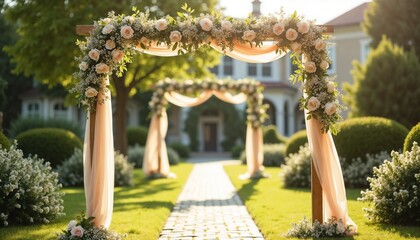 Fototapeta premium Beautiful floral wedding arch with drapes in garden setting for romantic ceremonies, wedding concept 