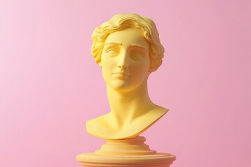 Yellow statue of a woman's head is on a pink background. The statue is of a woman with a smile on her face