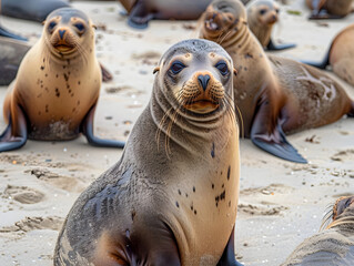 Fototapeta premium A group of seals relaxing on a sandy beach under the sun on a clear day.