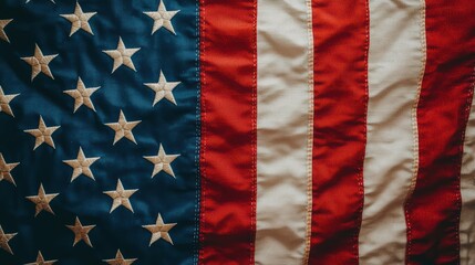 Fototapeta premium A close-up view of the American flag showcasing its vibrant red, white, and blue colors, with stars and stripes clearly visible.