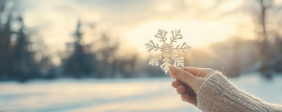 Hand holding a delicate snowflake in winter scene with soft sunlight backdrop.
