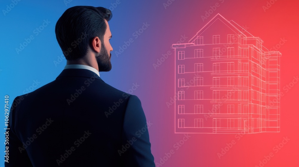 Aufkleber a businessman stands in front of a digital building design, symbolizing creativity and innovation in