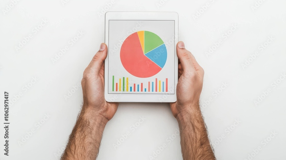 Poster a person holding a tablet displaying colorful graphs and charts, showing data analysis or performanc