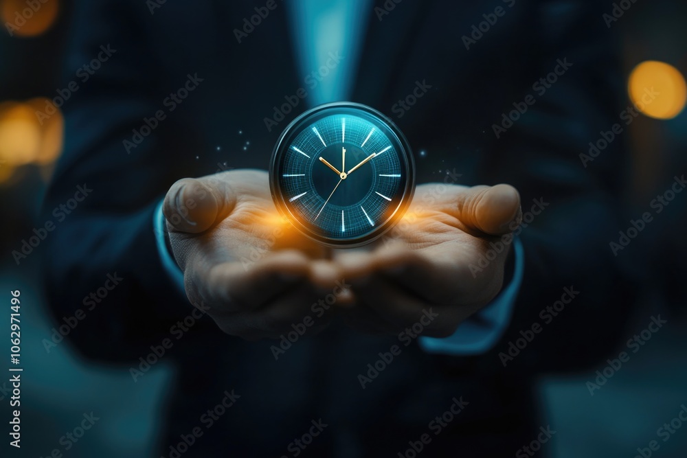 Poster man is holding a clock in his hand. the clock is glowing and he is a digital clock. the man is weari