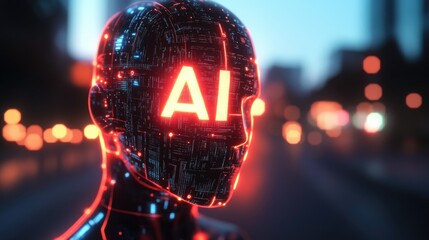 Man's head is lit up with the word AI. The image has a futuristic and technological feel to it