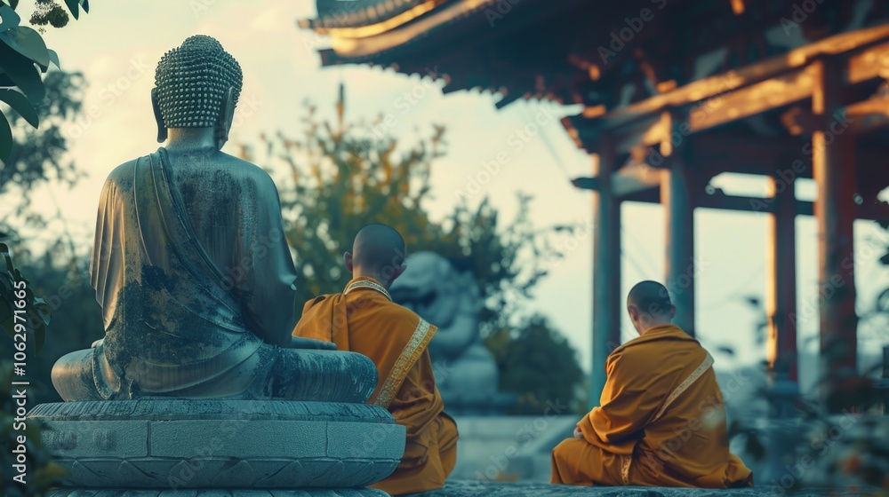 Poster three monks are sitting on a stone bench in front of a building. one of the monks is wearing a gold 