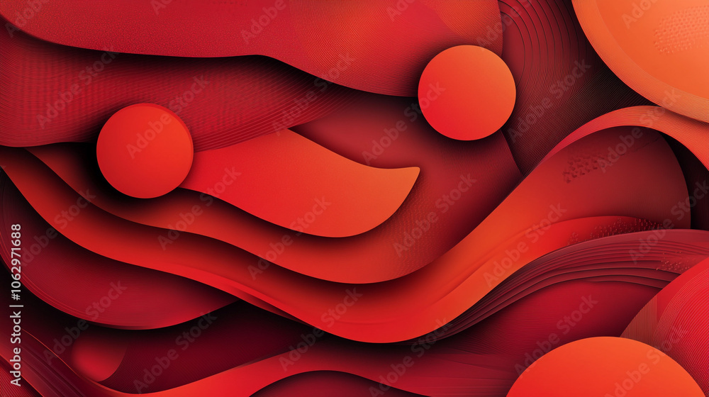 Poster abstract artwork with flowing red shapes and circles conveying motion and depth