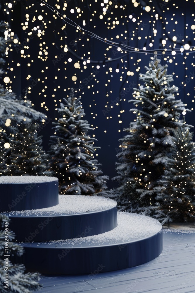 Poster snowy christmas scene with a blue background and a row of evergreen trees. the trees are covered in 