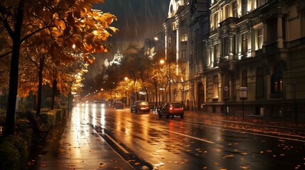 Naklejka premium Late autumn season, city street night view 