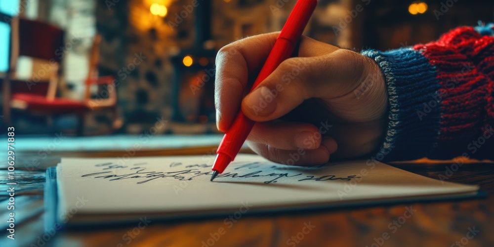 Poster person is writing in a notebook with a red pen. the writing appears to be in cursive style and is on