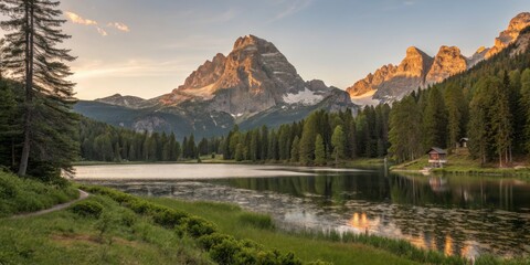 Fototapeta premium Soft golden dawn light illuminates the tranquil landscape of Lago, creating a serene atmosphere