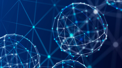 Abstract 3D illustration with cells of viruses, bacteria on dark background. Background with dots and lines. 3D