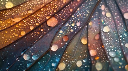 A close-up of colorful, textured surfaces with droplets of water, showcasing a blend of vibrant hues and intricate patterns.