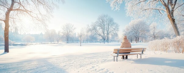 Person sitting on a bench in a snowy park during a bright winter day.