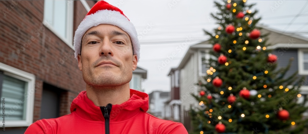 Poster man in a red jacket and a santa hat stands in front of a christmas tree. he looks serious and is not