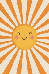 Cheerful Cartoon Sun Character with a Big Smile and Blushing Cheeks Radiating Bright Rays in Vibrant Orange and Cream Colors - Perfect for Kids Designs