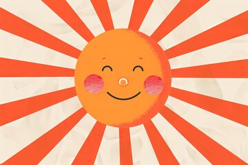 Cheerful cartoon sun with rosy cheeks and a smile, radiating warmth through bold orange rays against a textured cream background, perfect for kids designs.