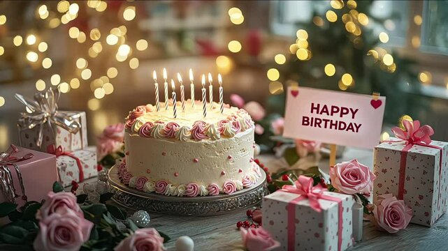 Beautiful pink birthday cake decorated with candles and roses, ready for a festive celebration