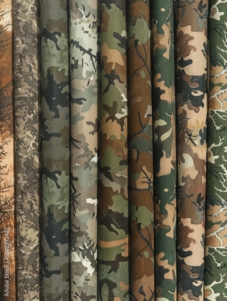 Poster row of camouflage fabric with a variety of patterns and colors. scene is one of nature and the outdo