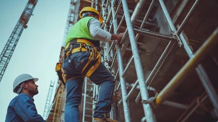 Construction Workers on Scaffolding  Safety Gear  Building Site  Teamwork  Professional  H