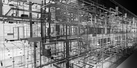 The abstract view of BIM model utilities of wireframe view