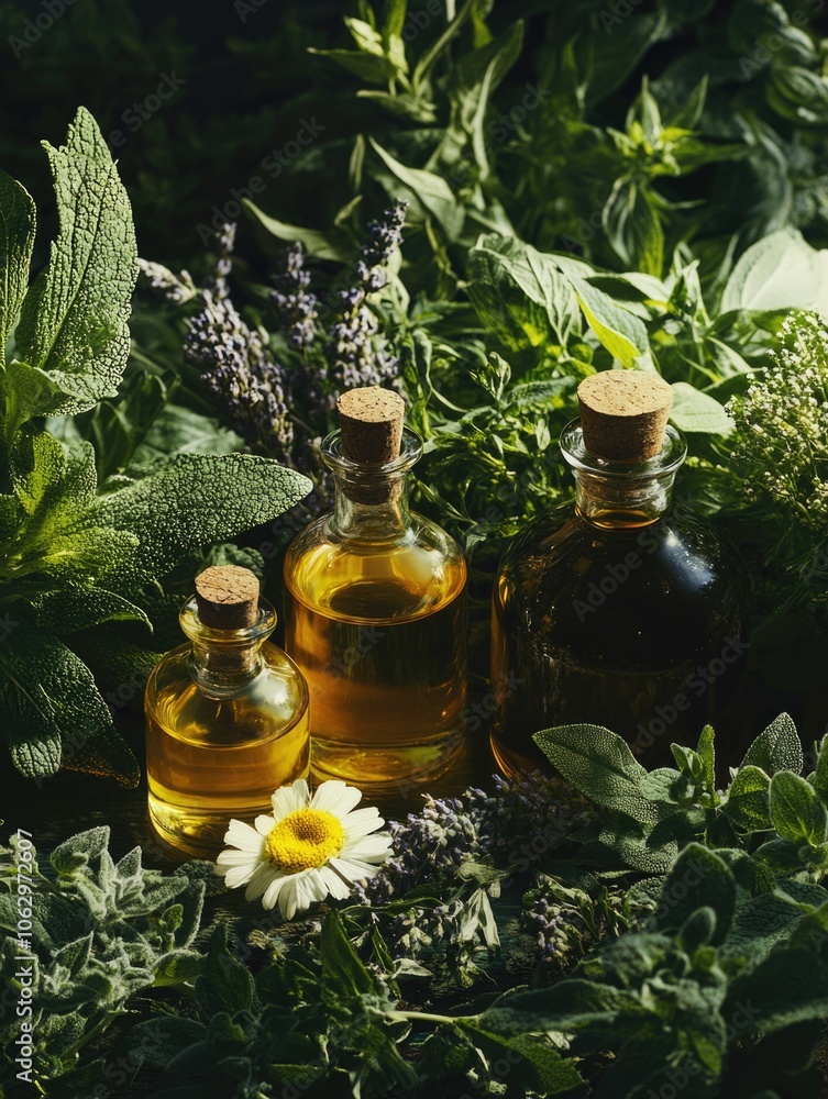 Poster three bottles of oil are on a table with a bunch of herbs and flowers. the bottles are all different