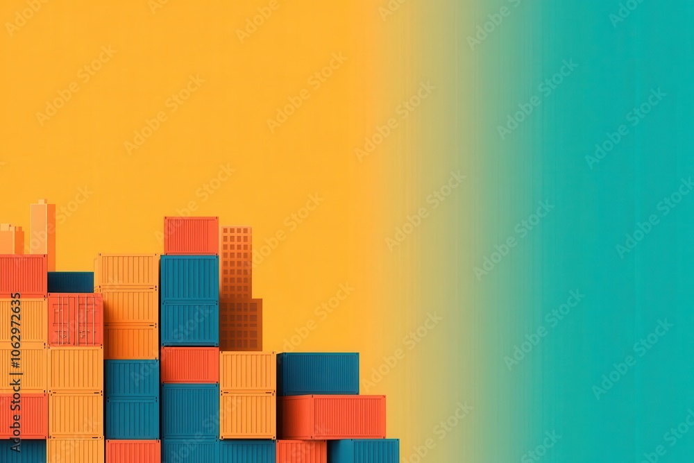 Poster a vibrant composition of colorful shipping containers stacked against a gradient background of orang