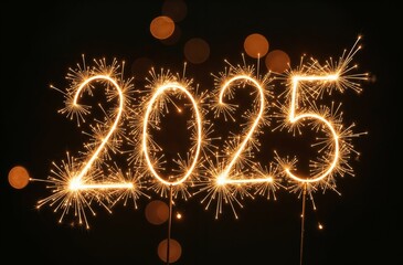 Sparkler in the form of the number 2025, glowing Christmas fireworks