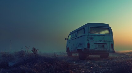 White van is parked in a field at dusk. The sky is dark and the van is the only thing visible