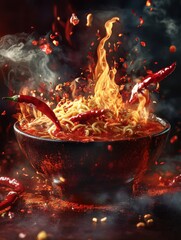 Spicy Ramen Bowl with Flames and Chili Peppers

