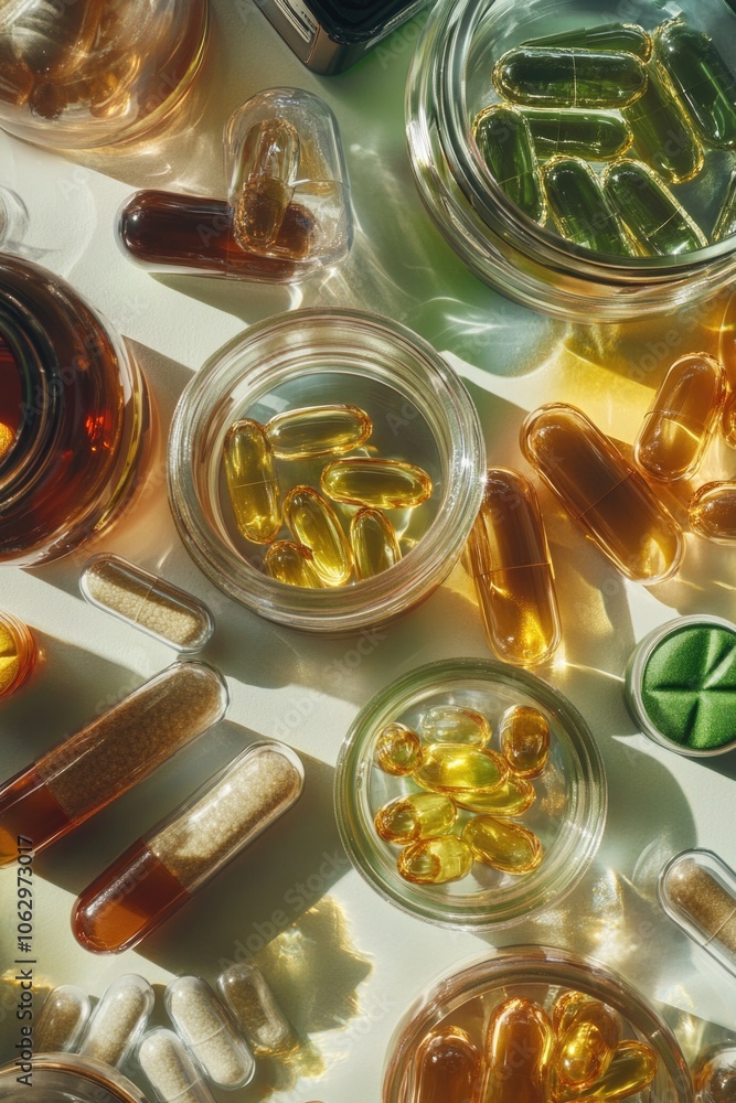 Poster collection of pills and supplements are displayed on a table. the pills are in various shapes and si