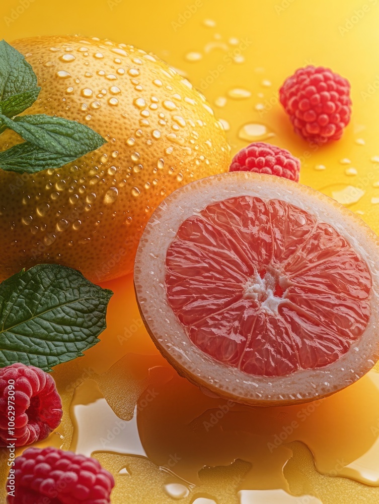 Poster slice of grapefruit is on a table with a few raspberries. the grapefruit is cut in half and the rasp